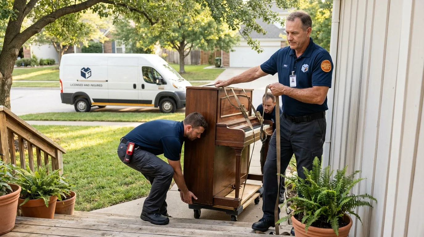 Licensed piano movers securing grand piano in Genoa, IL