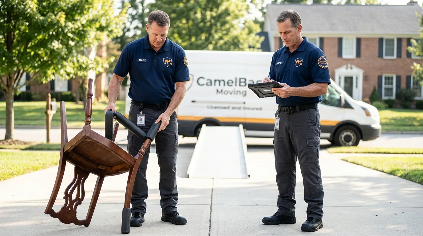 Movers inspecting furniture for damage prevention before loading in Genoa, IL