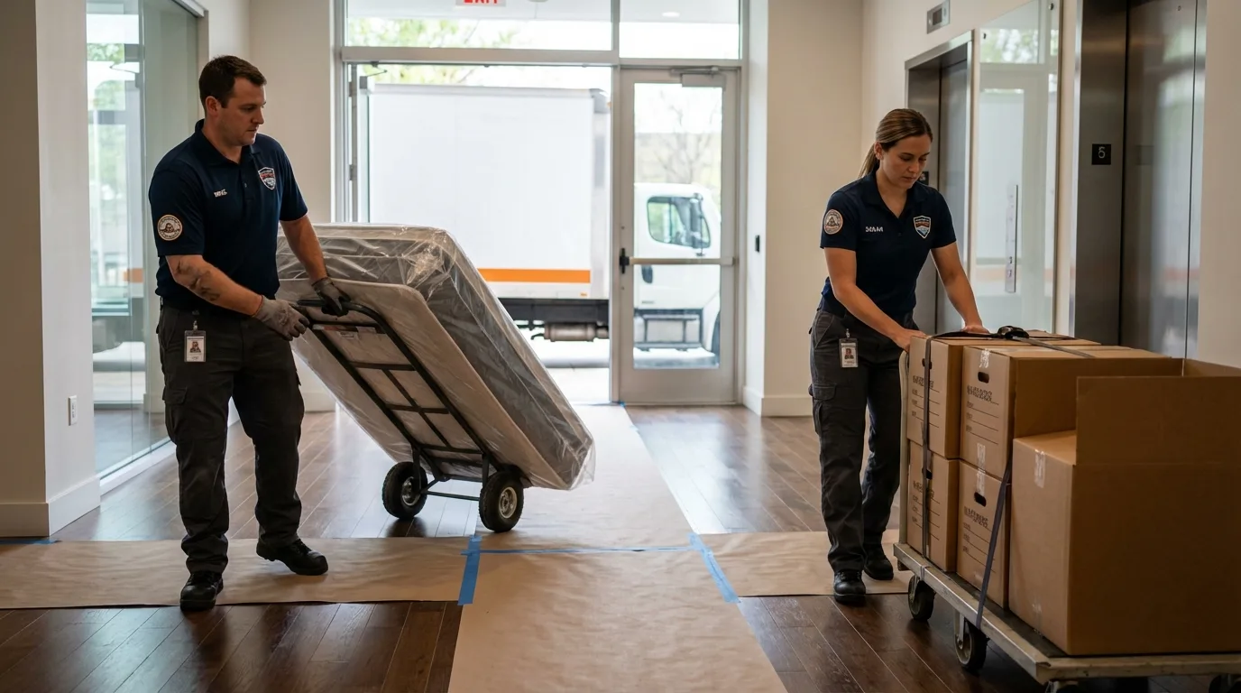 Professional apartment movers loading elevator in Genoa, IL